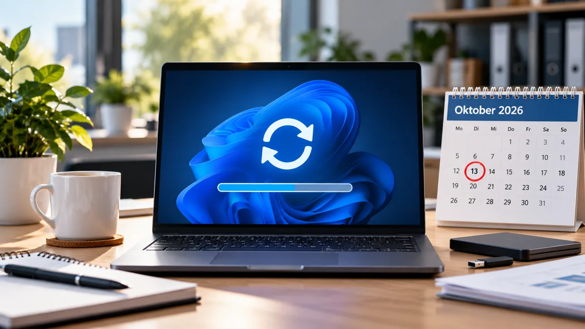 Windows-11-Update auf einem Notebook mit Kalender zum Supportende im Oktober 2026